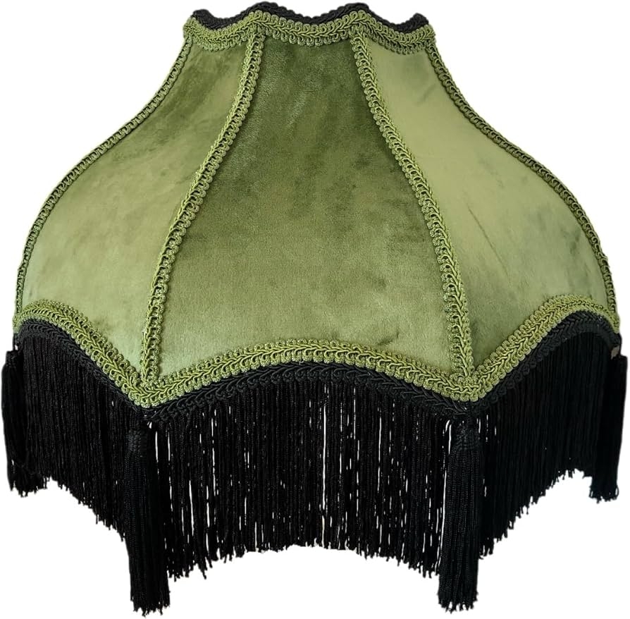 Lamp Shade Olive Green Velvet and Black Tassel Fringe