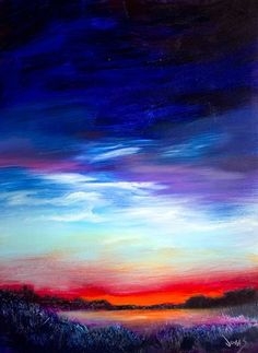 Landscape Painting Moody Sky with Fiery Horizon Sunset Art