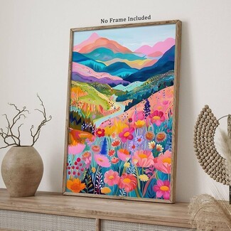 Landscape Wall Art: Dense Floral Print Saturated Color Palette
