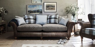 Large Sofa with Mixed Material Frame and Plaid Pillows
