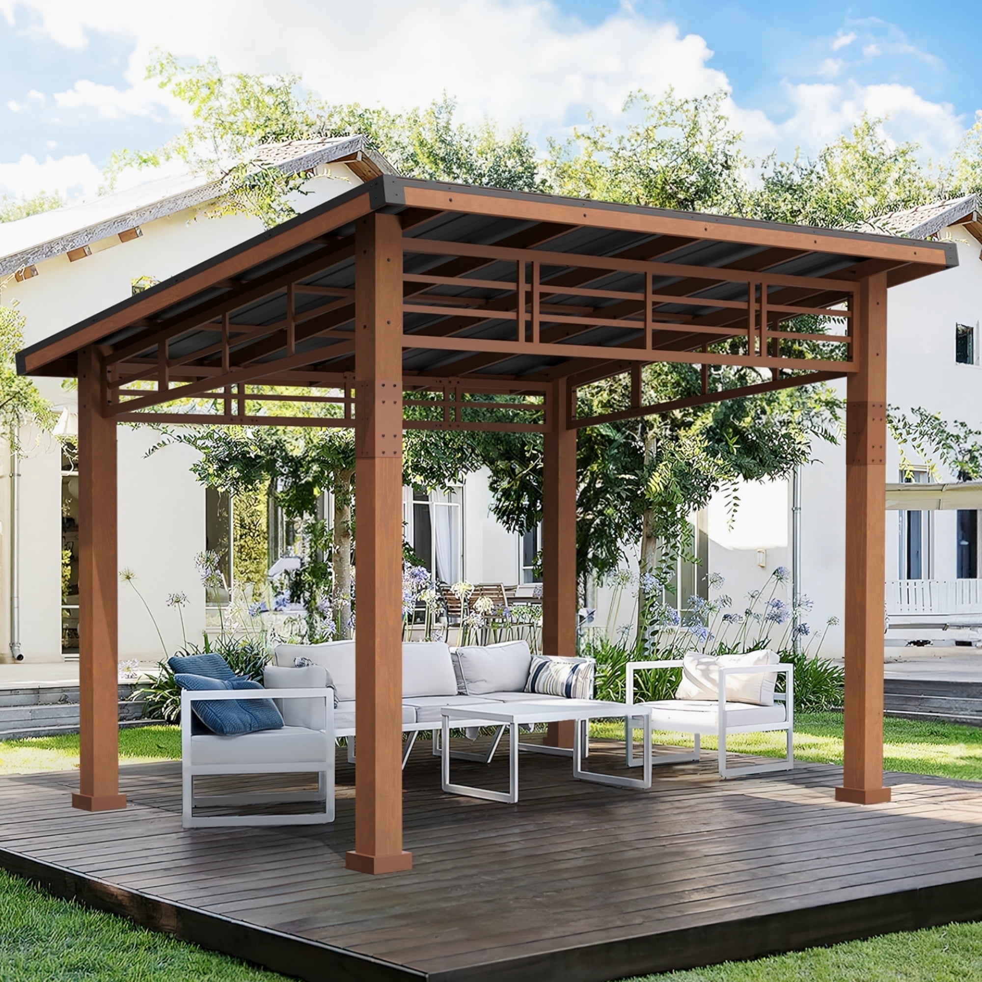 Lean To Gazebo Slanted Hardtop Roof Wood Frame Patio Cover
