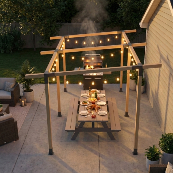 Lean To Pergola Extended Overhang Sleek Patio Dining Kit