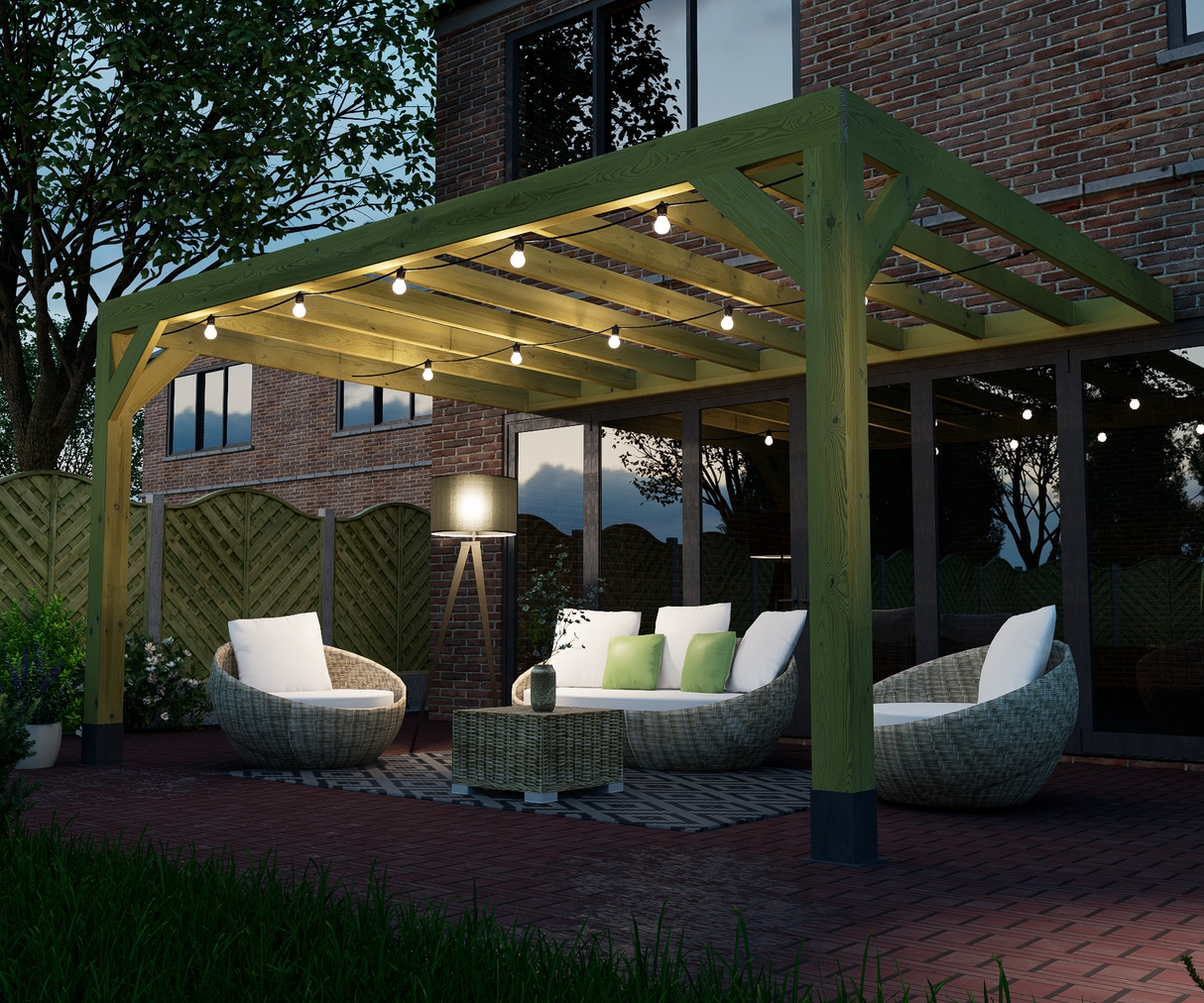Lean To Pergola Green Stain Chunky Timber Garden Canopy