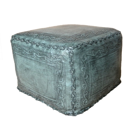 Leather Ottoman: Heavy Hand Stitched Tooled Leather Ottoman