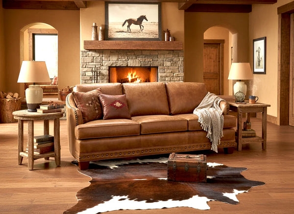 Leather Sofa with Western Detailing in Rustic Lodge Living Room