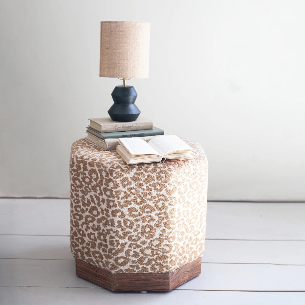 Leopard Ottoman with Hexagonal Silhouette and Wood Base