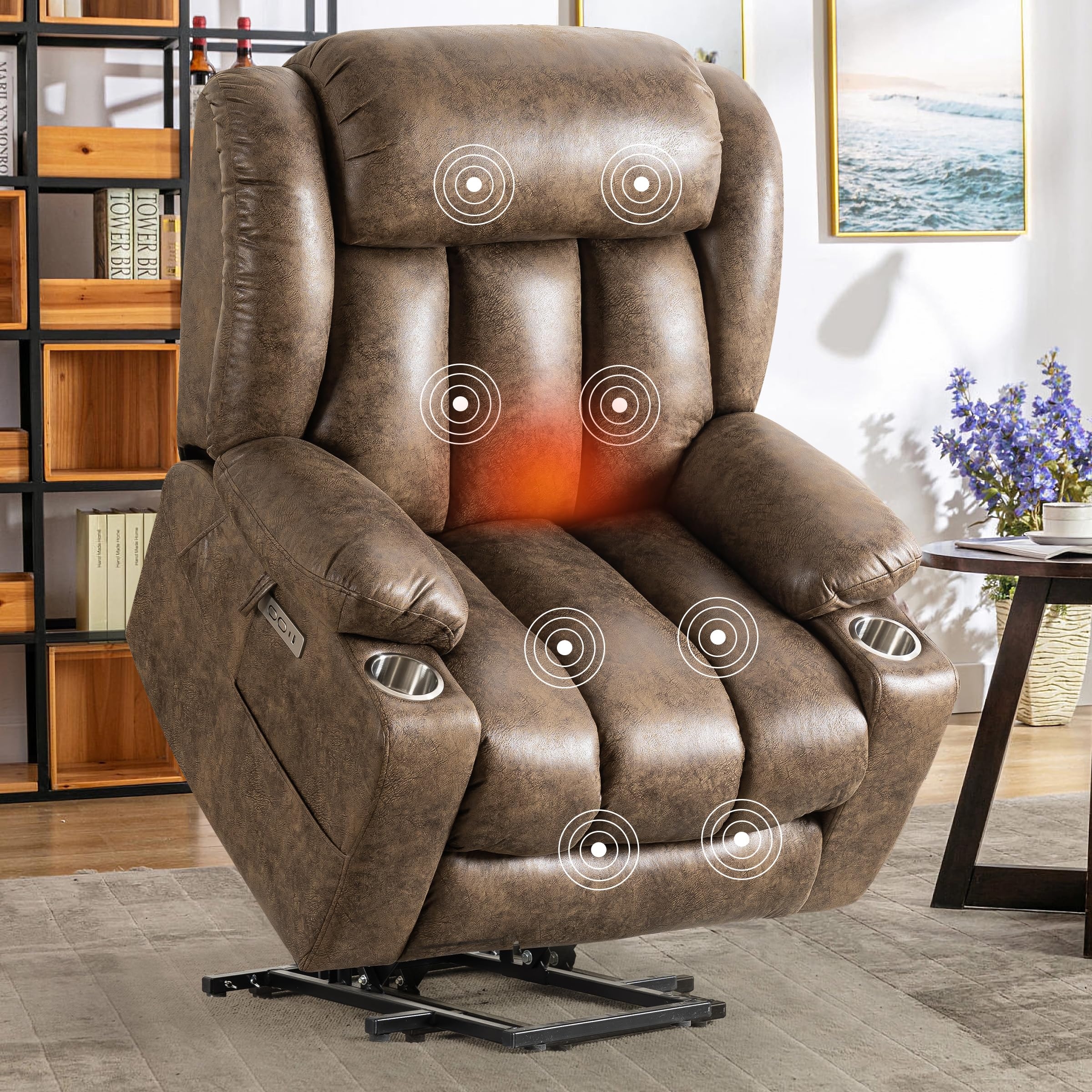 Lift Recliner: Heated Lumbar Function Brown Lounge Chair
