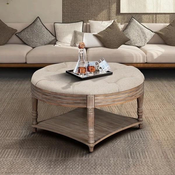 Light Gray Ottoman Coffee Table: Tufted 2-Tier Wood Shelf