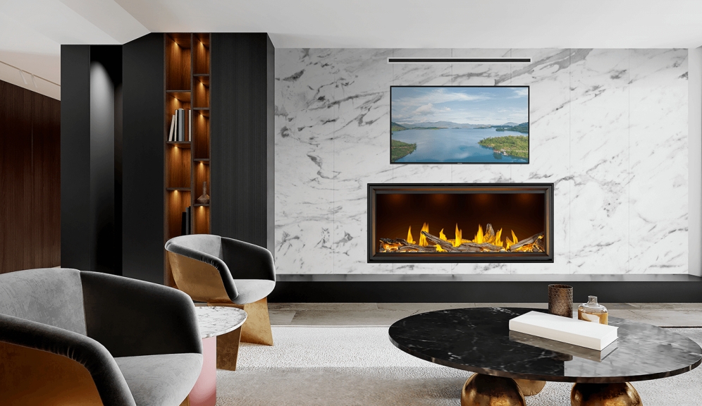 Linear Gas Fireplace Extra Tall Opening Marble Wall