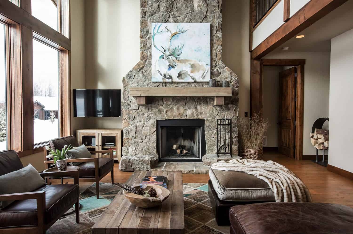 Living Room Animal Mural Art Floor to Ceiling Stone Fireplace