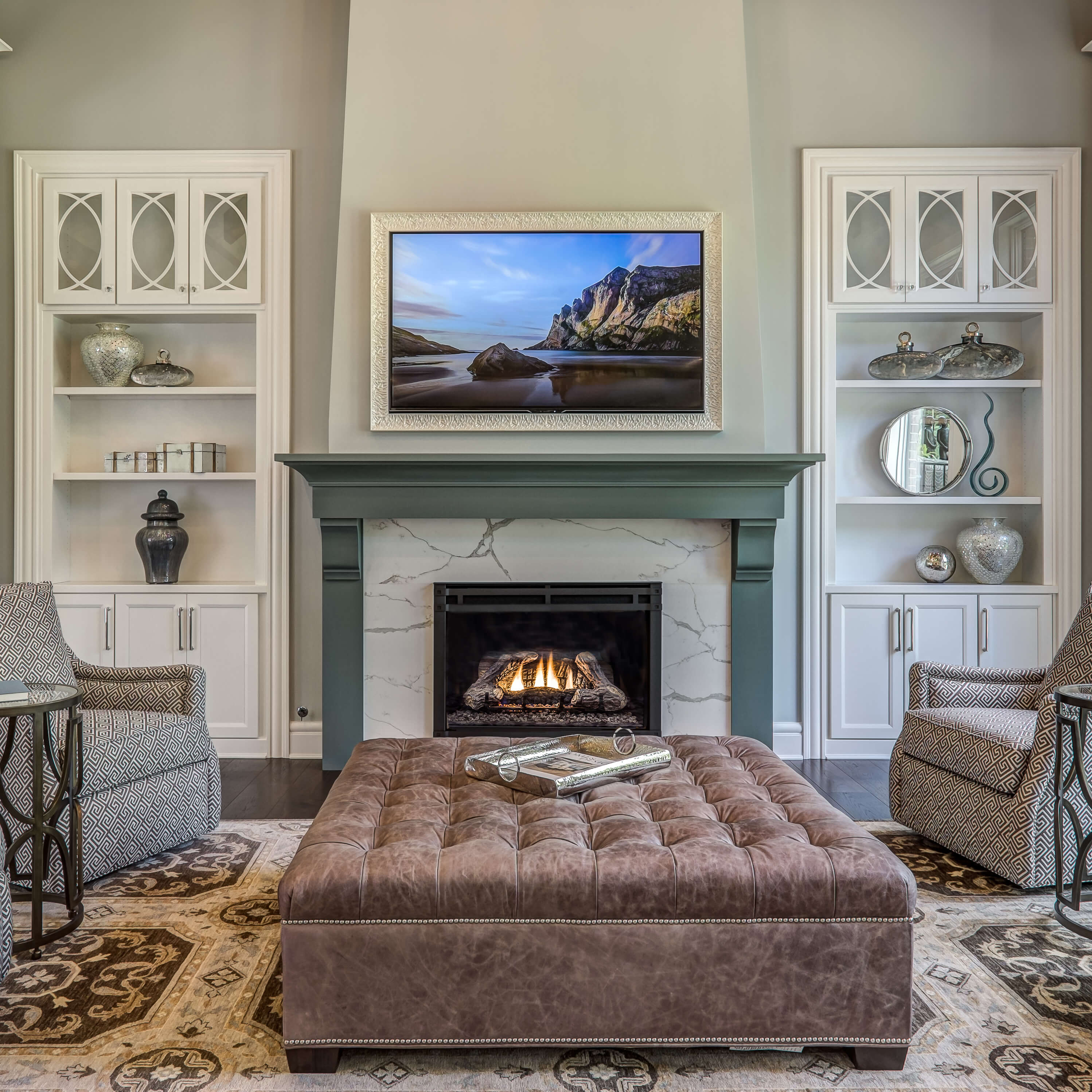 Living Room Fireplace with Sage Green Mantel and Mullioned Cabinets