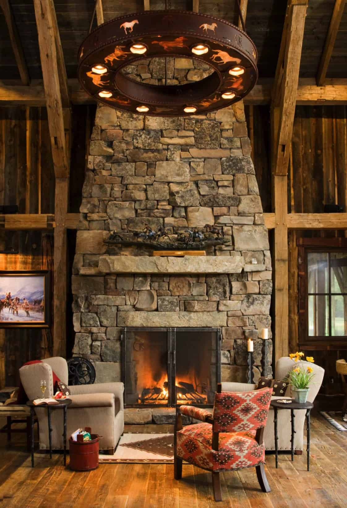 Living Room Horse Motif Lighting Rustic Lodge Fireplace Ideas