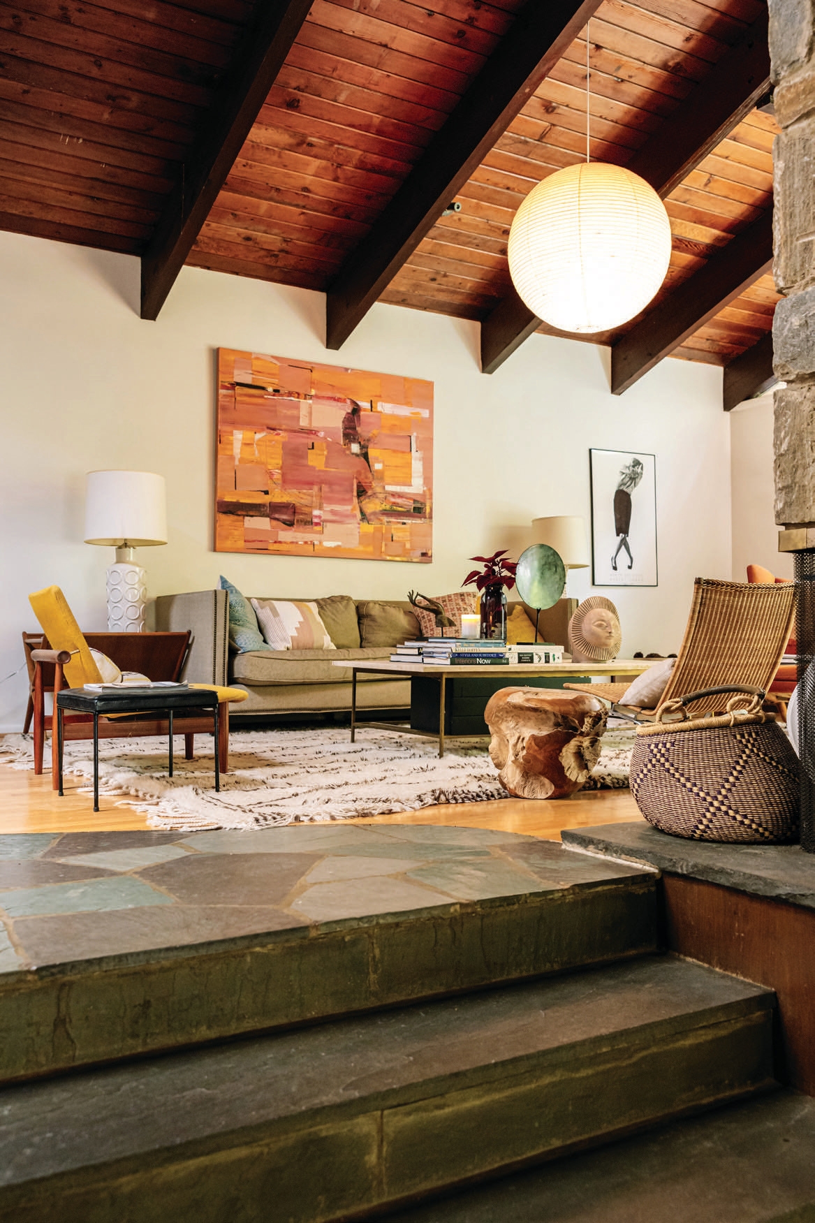 Living Room: Large Paper Lantern Living Room & Beams