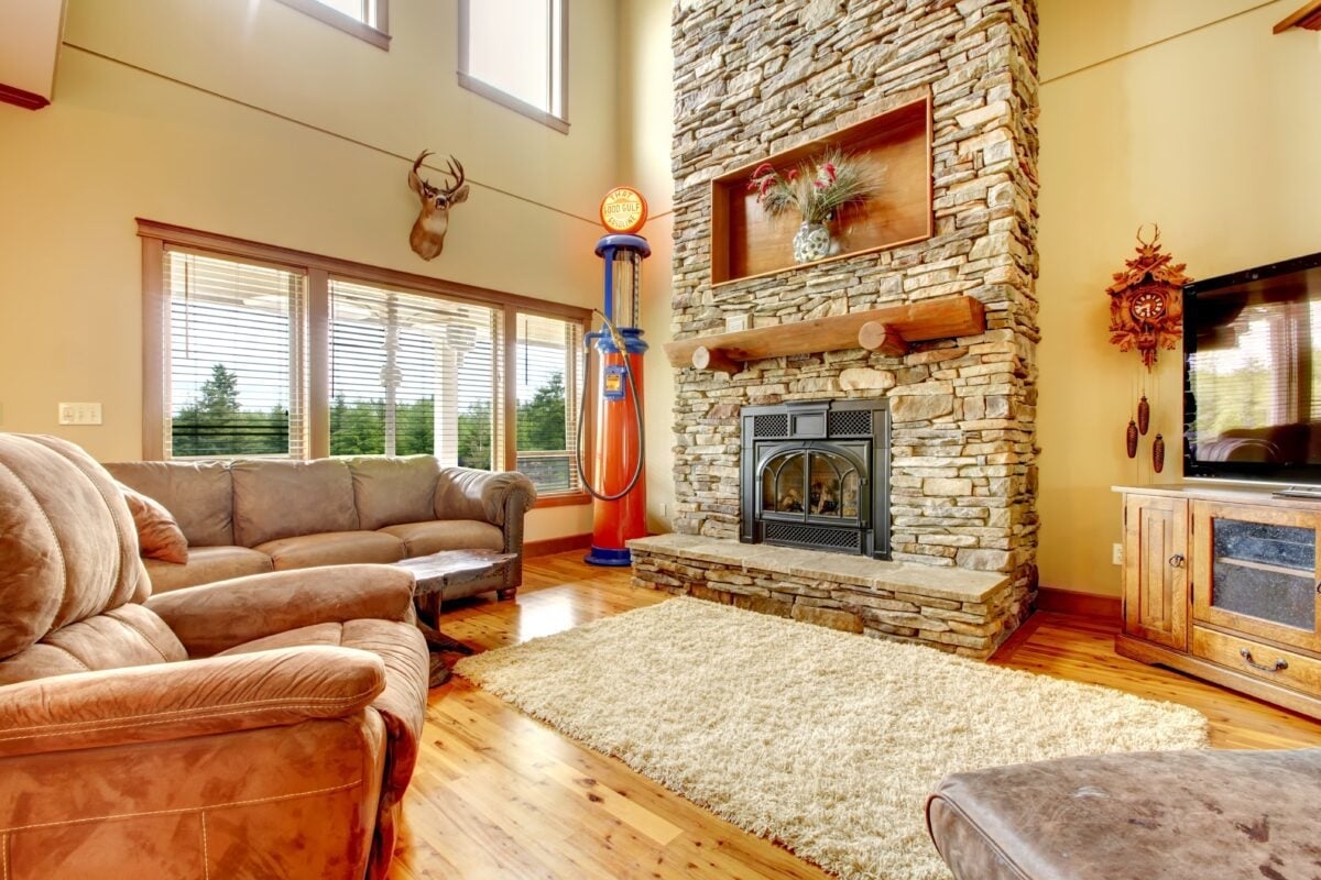 Living Room Log Mantel High Ceiling Fireplace Ideas