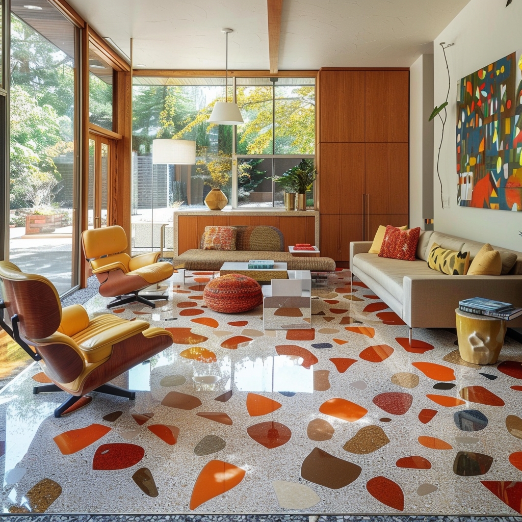 Living Room: Oversized Terrazzo Flooring Ideas in MCM