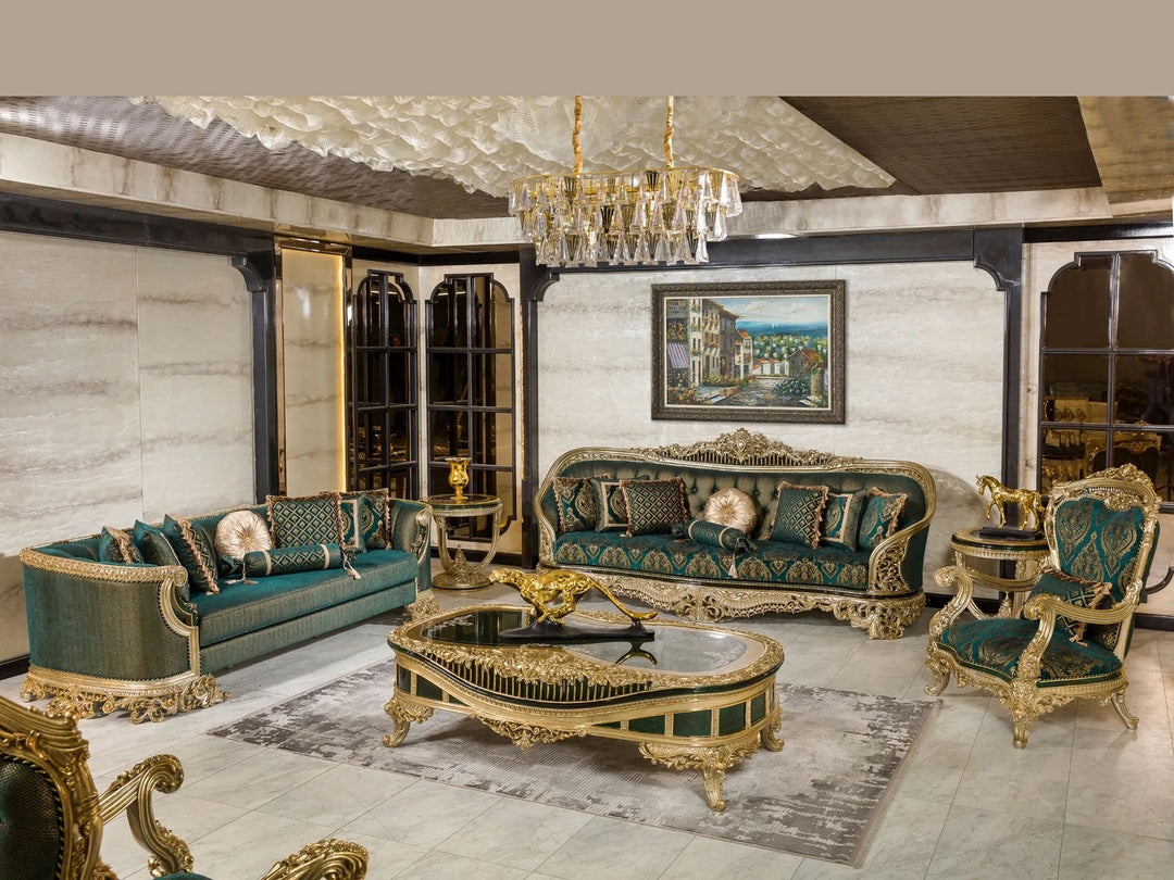 Living Room Set: Emerald Green Royal Seating in Gilded Wood