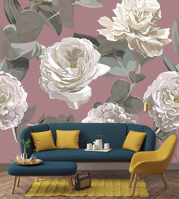 Living Room Set: Maximalist Teal Floral Wall Mural Art
