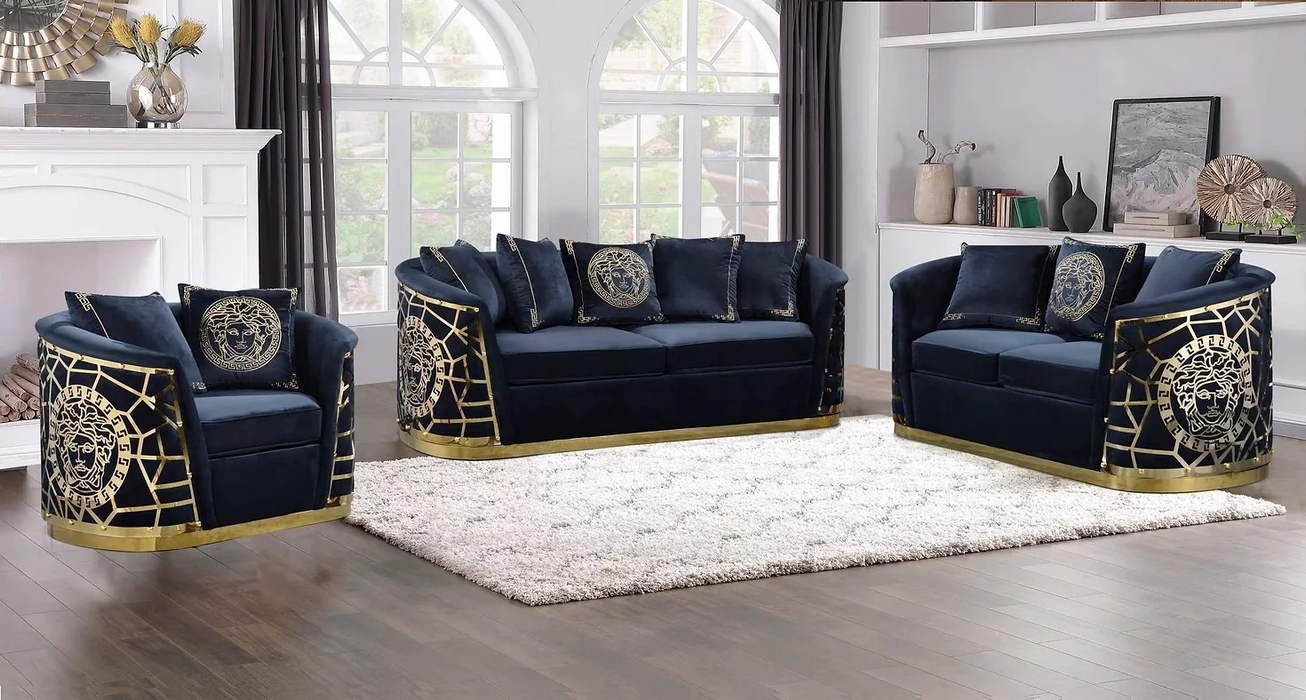 Living Room Set Medusa Head Emblem Midnight Velvet Fretwork