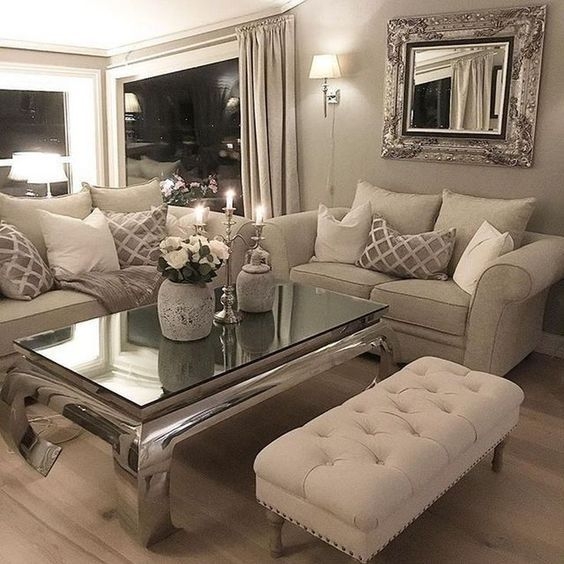 Living Room Set: Mirrored Surface Tufted Bench Neutral Palette