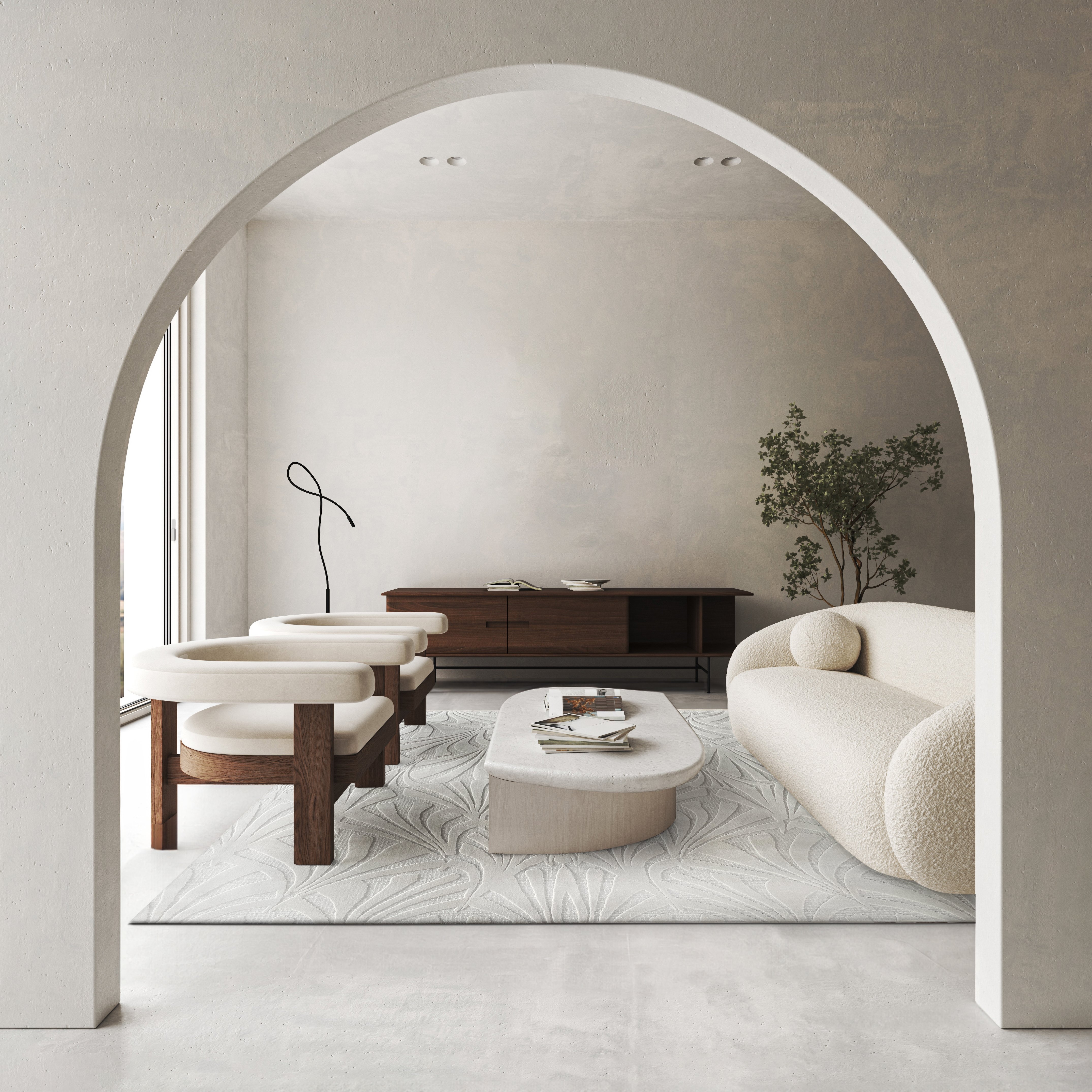 Living Room Set: Sculpted Fan Pattern Rug in Japandi Style