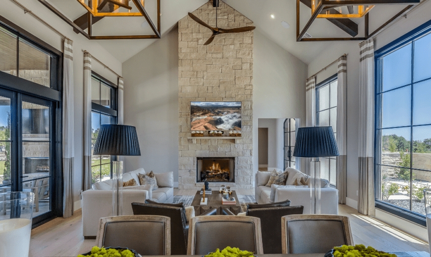 Living Room Set Stone Fireplace Symmetrical Seating