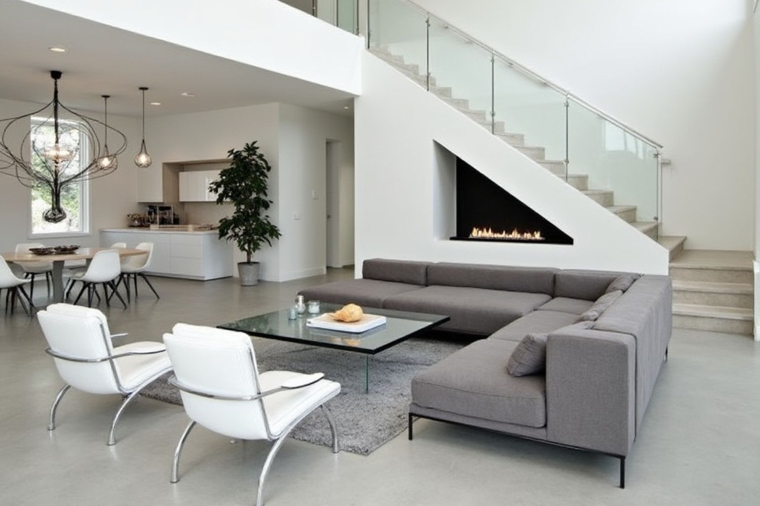 Living Room Set: Under-Stair Fireplace Design & Grey