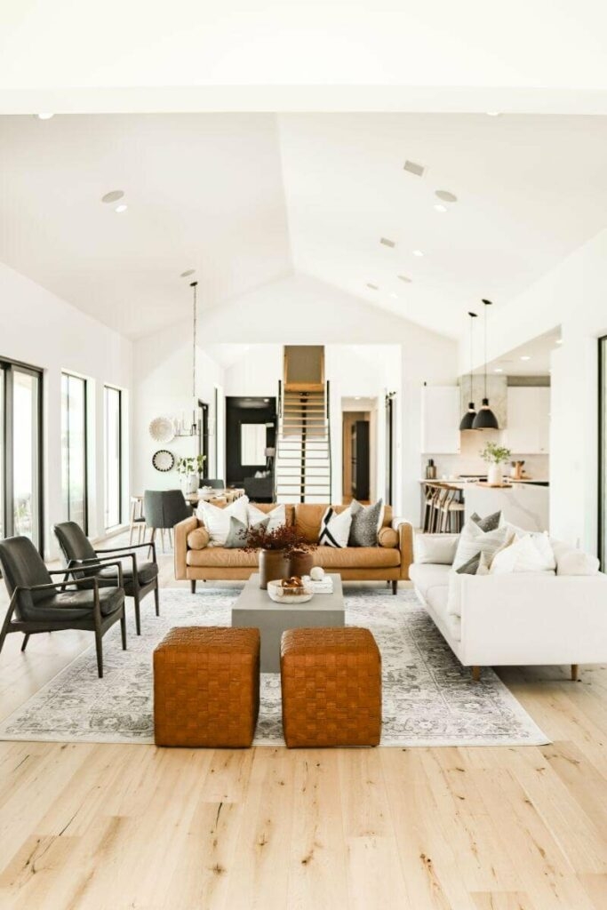 Living Room Set with Woven Leather Poufs: scandinavian farmhouse living room.