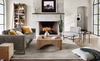 Living Room Set: Woven Arched Table Textured Grey Upholstery