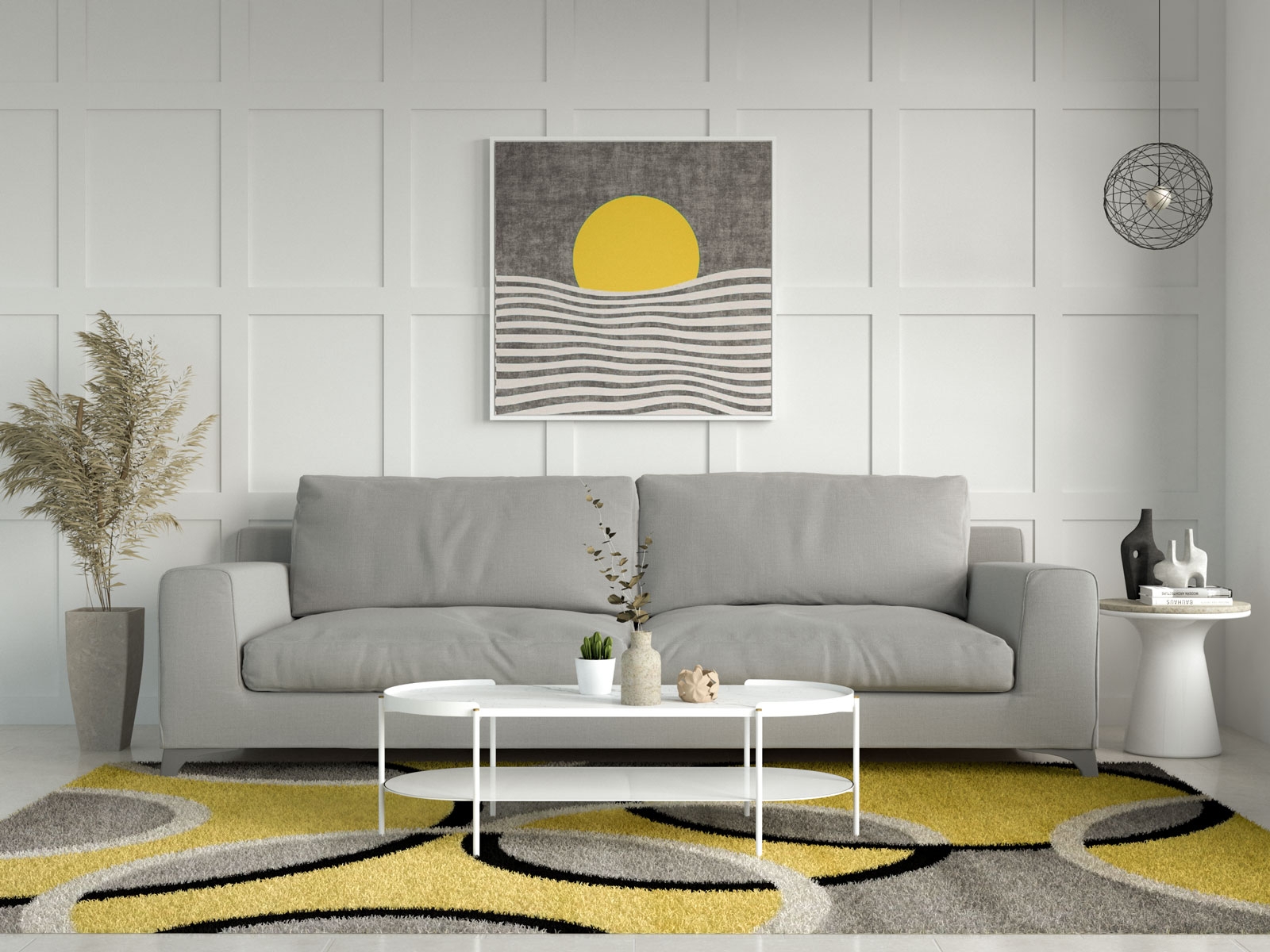 Living Room Set: Yellow Geometric Rug Ideas and Oval Tables