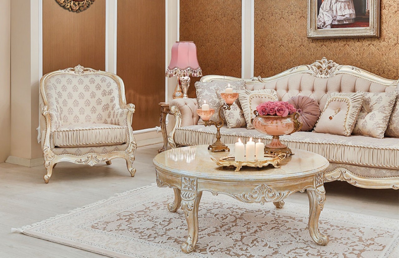 Living Room Sofa Set: Cream Hand-Carved Wood with Fringe Trim