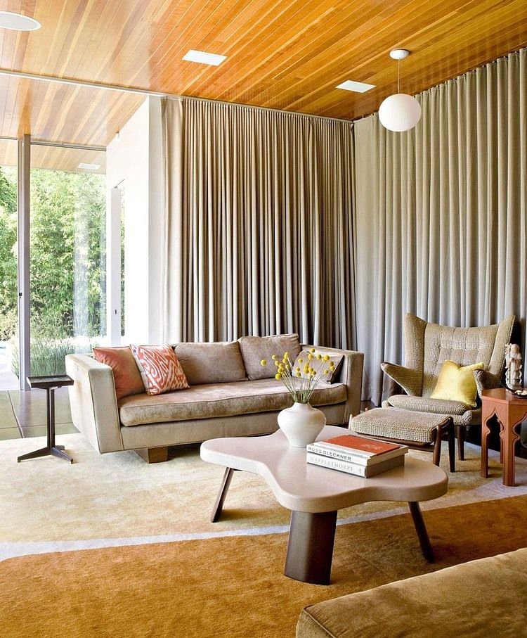 Living Room: Wood Plank Ceiling MCM Drapery Styling