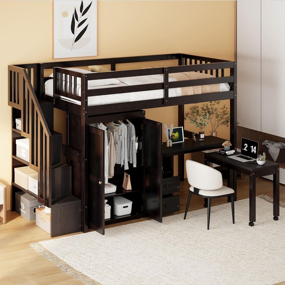 Loft Bed Espresso Brown Wood with Mobile Dual Desk System