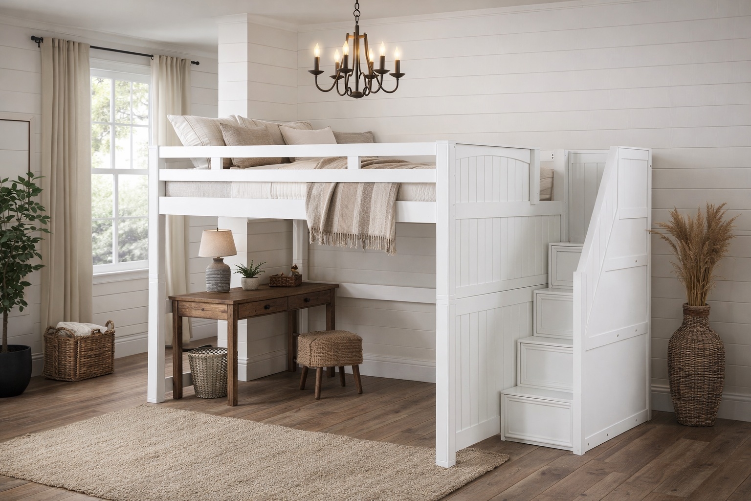 Loft Bed Farmhouse White Finish with Planked Shiplap Panels