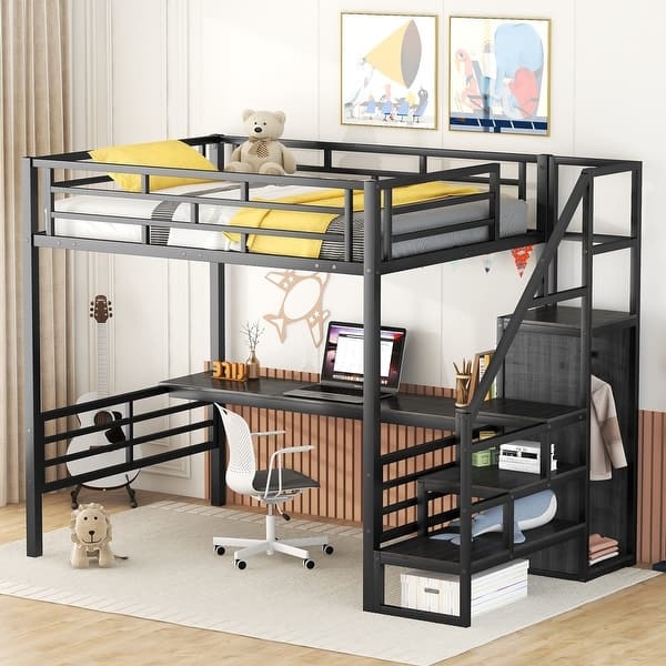 Loft Bed Full Size Metal Frame with Safety Guardrails