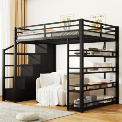 Loft Bed Heavy Duty Metal with Five Tier Storage Shelving