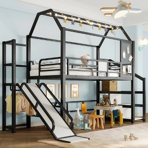 Loft Bed House Shaped Roof Metal Frame with Slide Design
