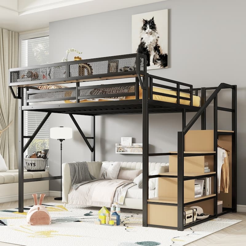 Loft Bed Industrial Queen Metal Frame with Mesh Guardrails
