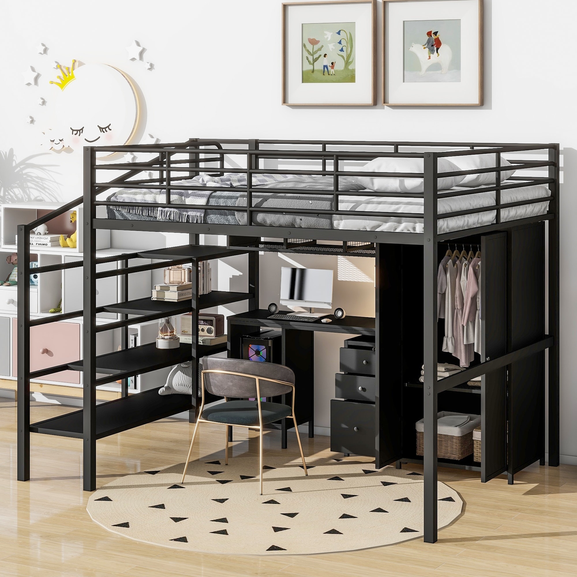 Loft Bed Matte Black Frame with Drawer Storage Cabinet