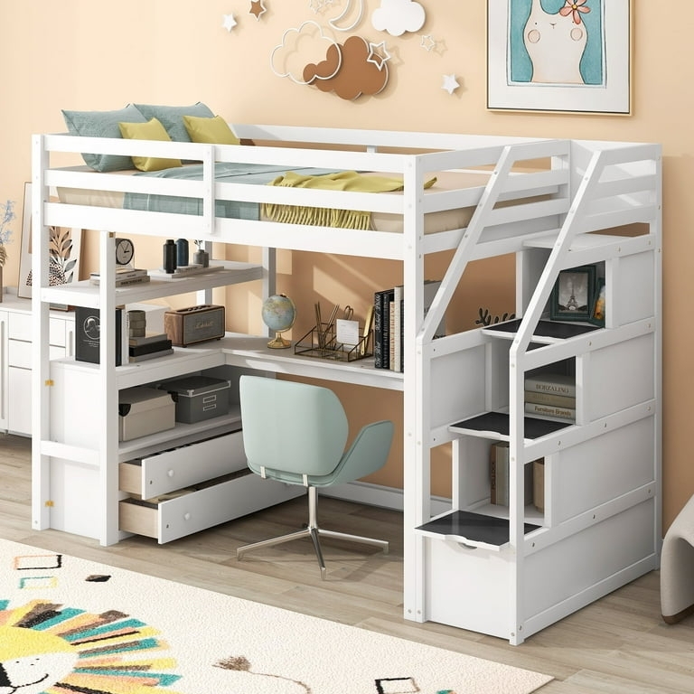 Loft Bed Matte White Wood with L-Shaped Desk Bookshelf