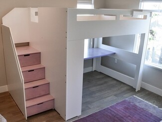 Loft Bed Modern Queen Frame with Lavender Storage Accents