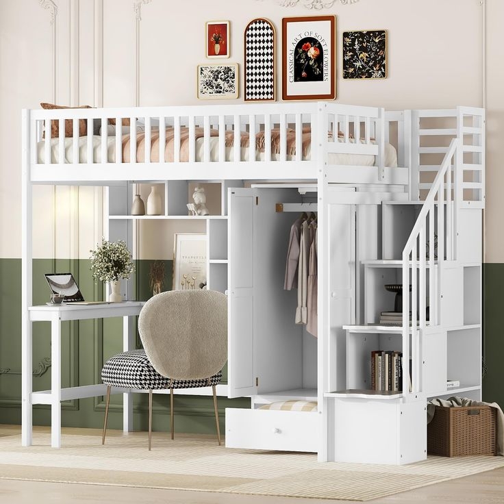 Loft Bed Painted White Wood with Pull Out Storage Drawer