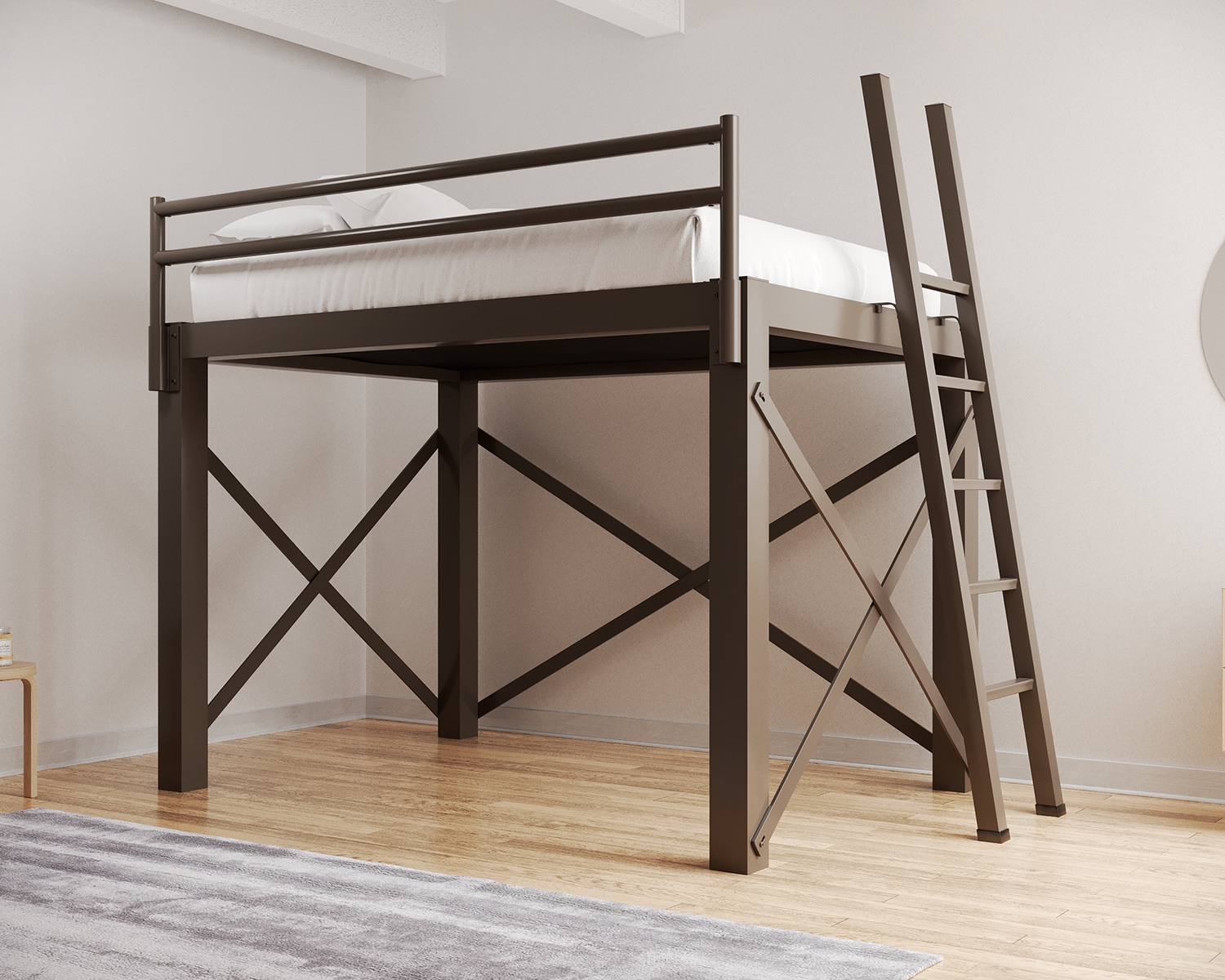Loft Bed Queen Size Adult Frame with Dark Bronze Finish