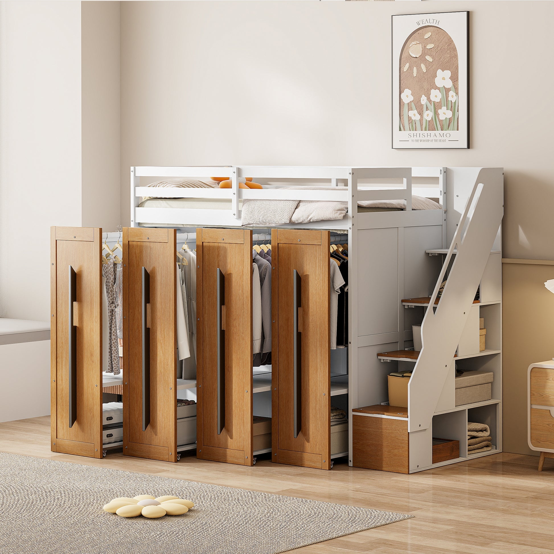Loft Bed Two Tone Finish with Pull Out Wardrobe Storage