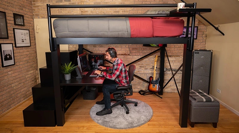 Loft Bed Urban Metal Frame with Bedside Accessory Shelf