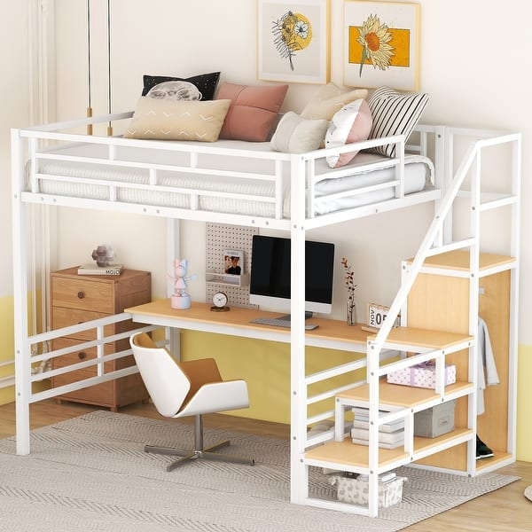 Loft Bed White and Light Oak Finish with Desk Station