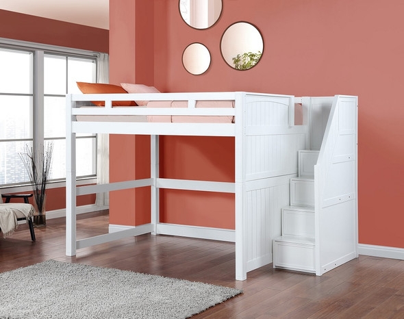 Loft Bed White Wood Frame with Beadboard Paneling Design