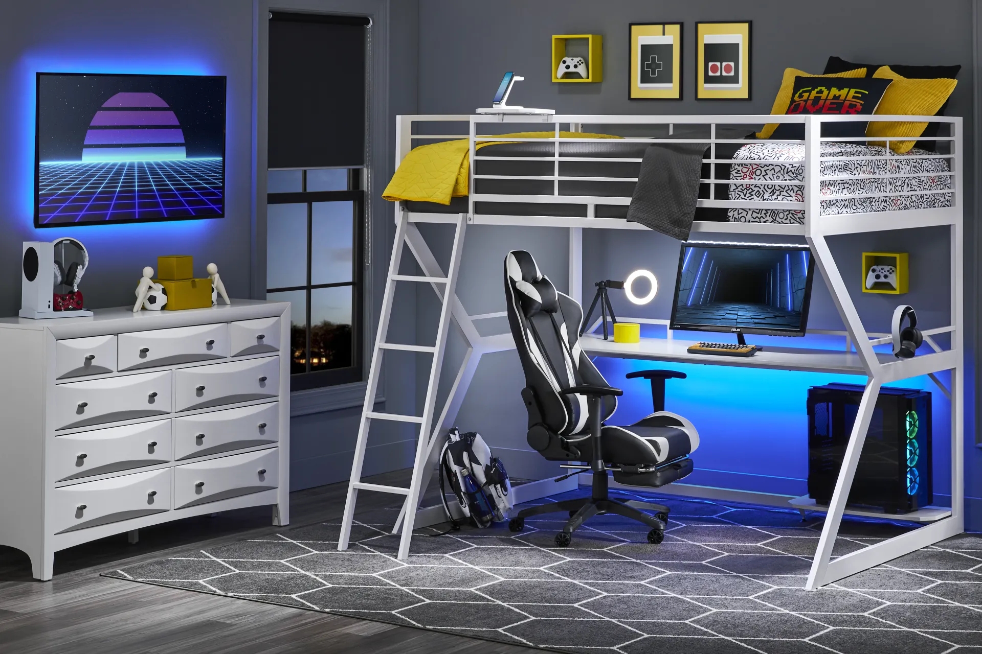 Loft Bed with Geometric Drawers and White Gaming Loft Bed