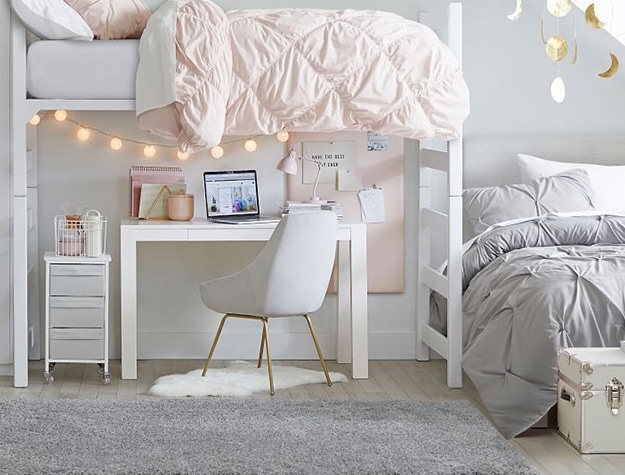 Loft Bed with Gold Tapered Legs and Blush and Grey Teen Room Design