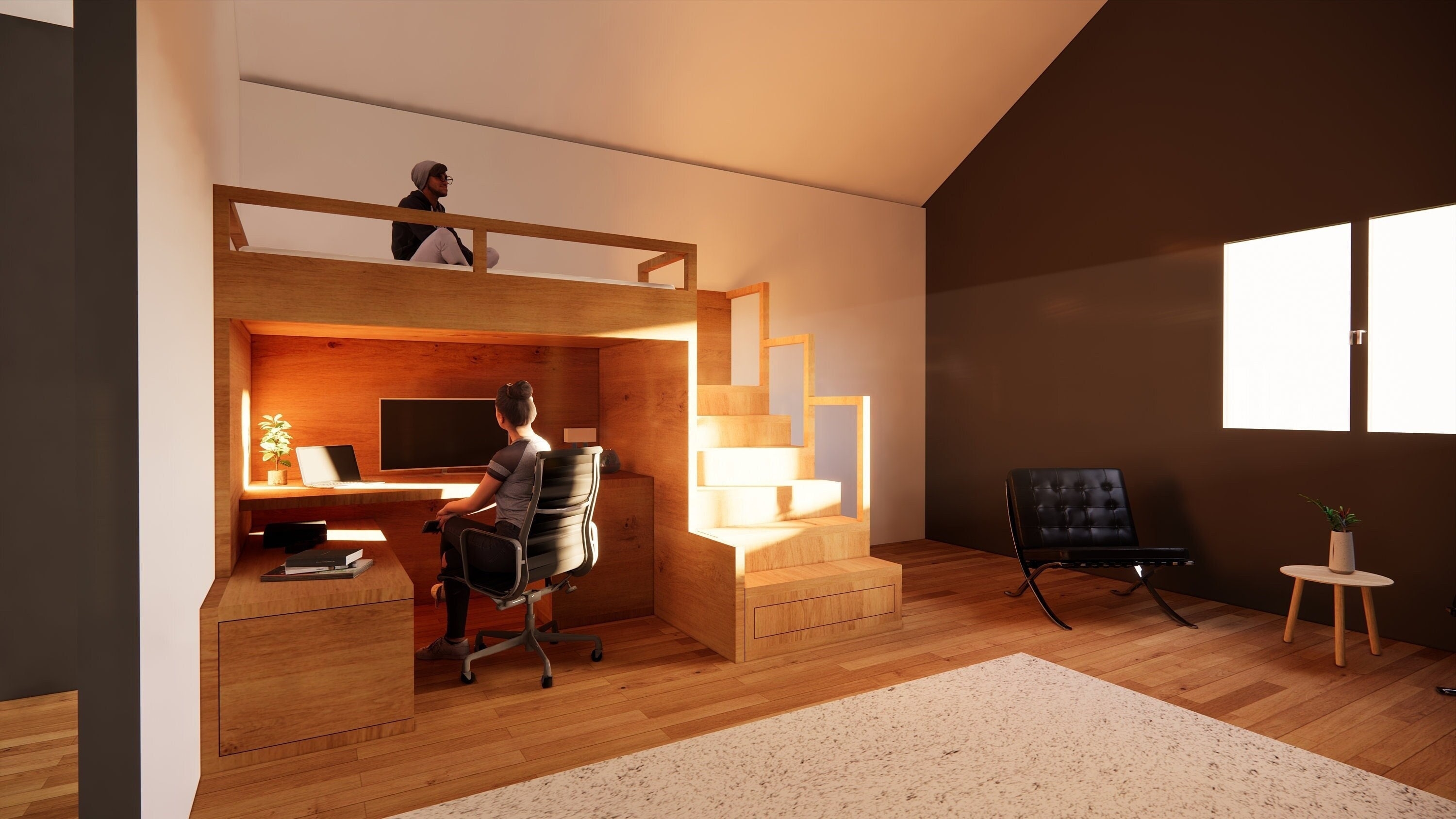 Loft Bed Wood Full XL Frame with Integrated Desk Design