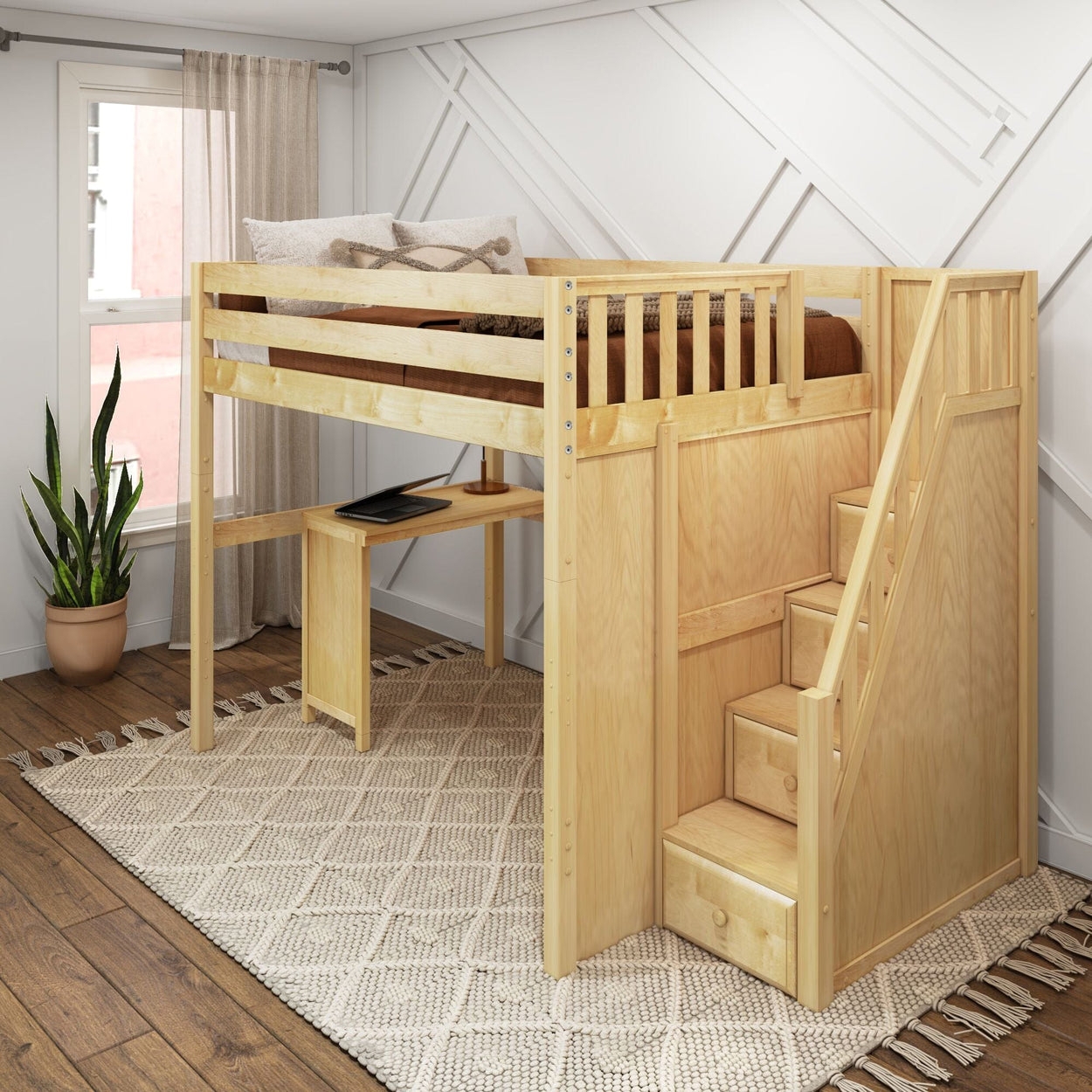 Loft Bed Wood High Loft Design with Staircase Drawers